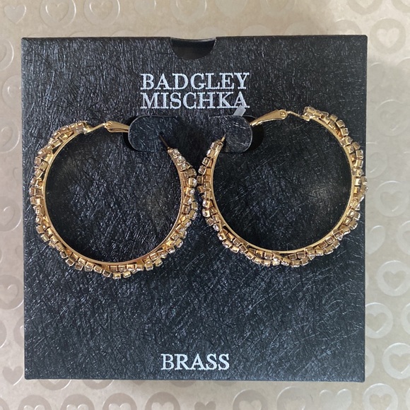 Badgley Mischka Rhinestone & Brass 1-1/2" Hoop Earrings - Picture 11 of 12